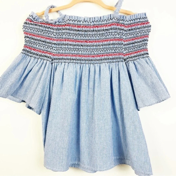 FREEWAY Blue Stripe Off The Shoulder Top Size Small - Picture 4 of 6